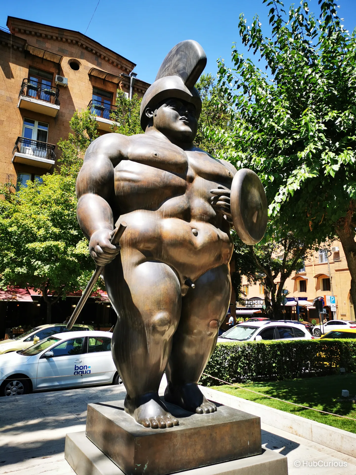 Fernando Botero's bronze Roman Warrior with helmet, sword and shield in the Cafesjian Sculpture Garden, Yerevan