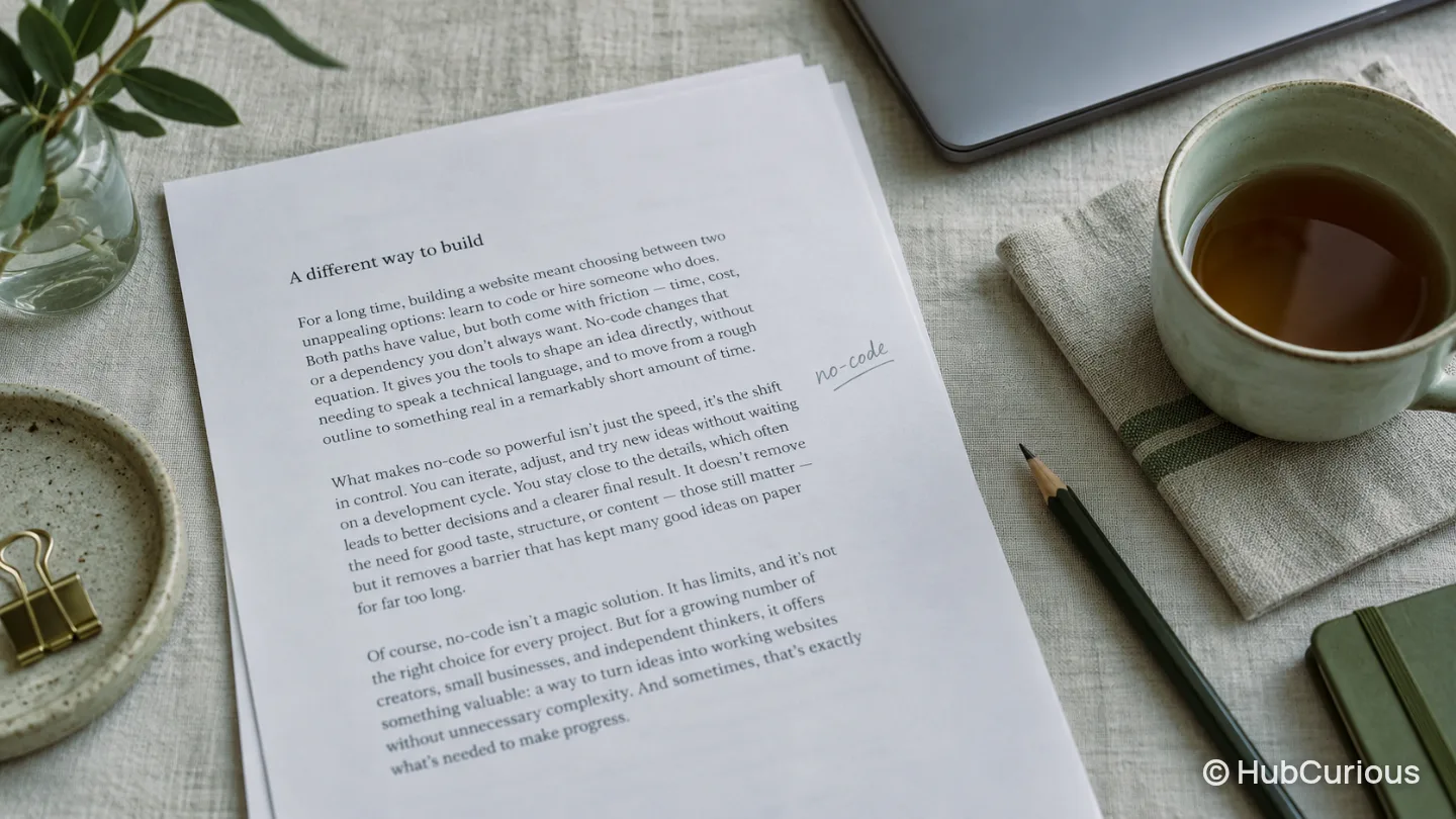 Printed pages of an essay titled A different way to build on a linen table, next to a cup of tea, a pencil and a laptop