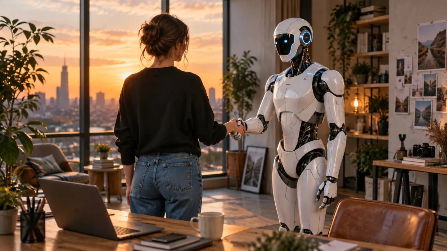 A woman and a humanoid robot shake hands in a modern creative studio bathed in warm sunset light. With a laptop, books, and creative tools nearby, the scene captures the idea of human-AI collaboration and the exciting possibilities of building something new together.